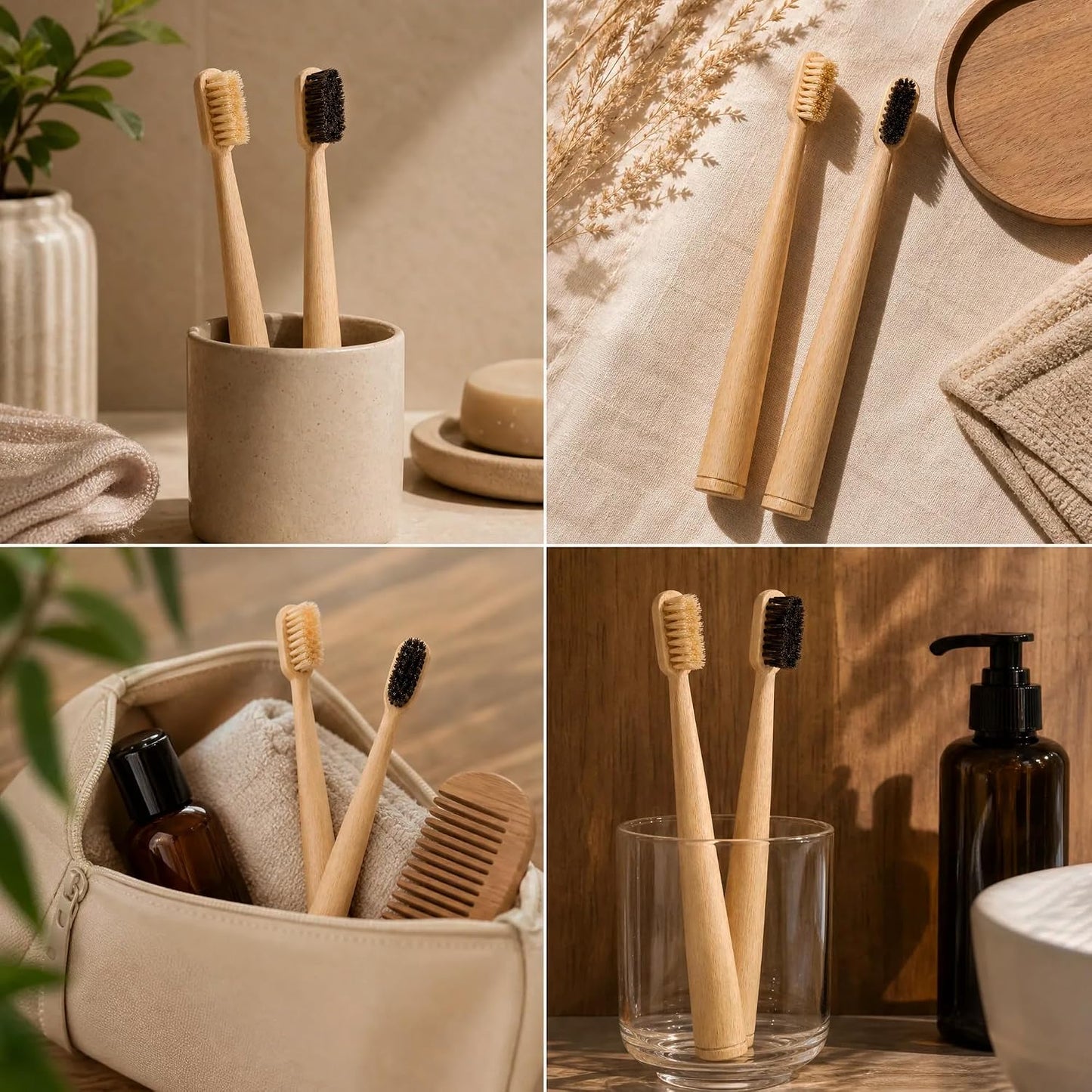 Natural Boar Bristle Bamboo Toothbrush for Adults, Plastic and Nylon Free, 100% Biodegradable, Quick-Dry Design, 2 Pack