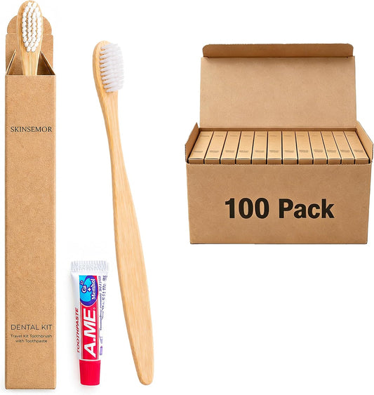 Disposable Travel Toothbrushes with Toothpaste, 100 Individually Wrapped Single Use Bamboo Toothbrush Kits for Trips, Camping, Overnight Stays, Guests and Home Backup