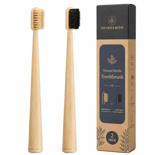 Natural Bristle Bamboo Toothbrush Set, 1 Boar Bristle and 1 Horsehair