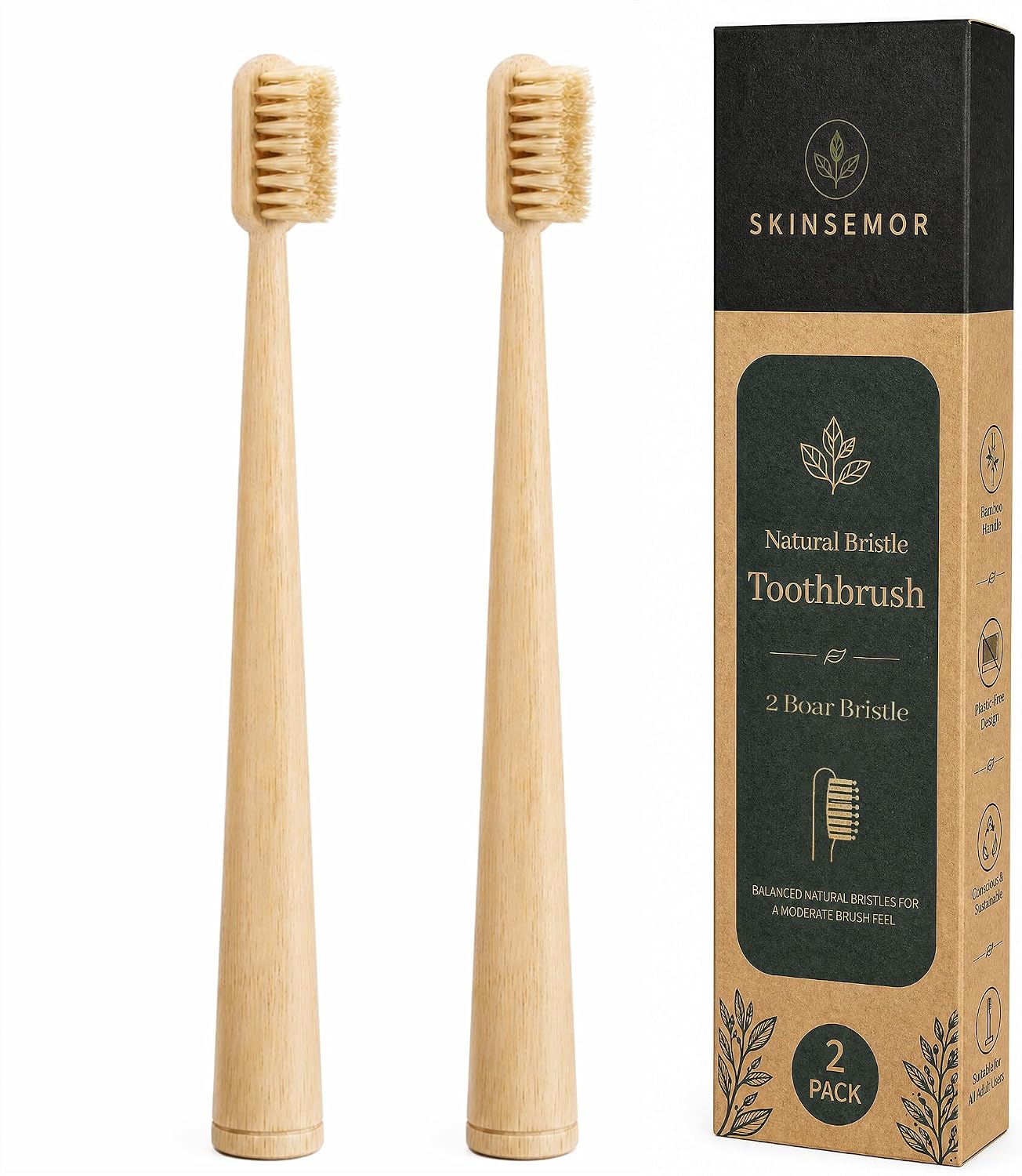 Natural Boar Bristle Bamboo Toothbrush for Adults, Plastic and Nylon Free, 100% Biodegradable, Quick-Dry Design, 2 Pack
