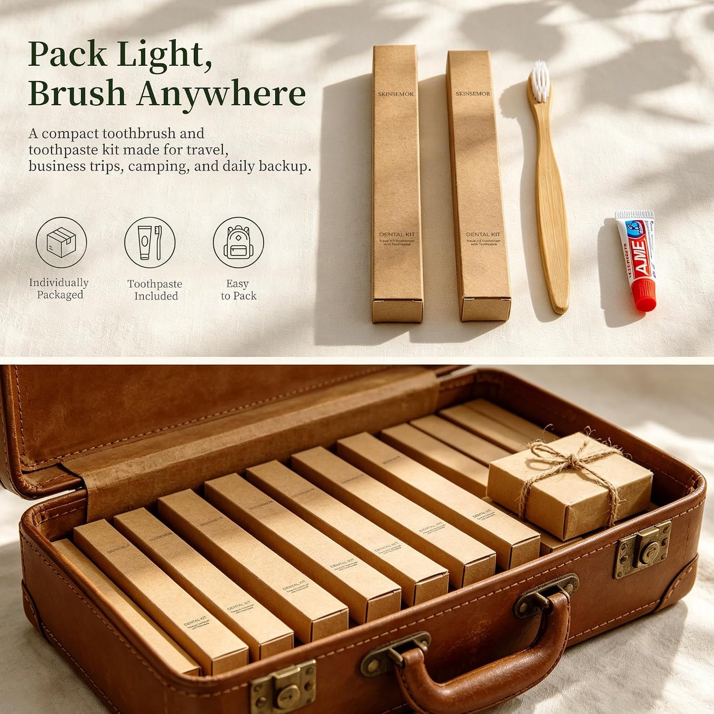 Disposable Travel Toothbrushes with Toothpaste, 10 Individually Wrapped Single Use Bamboo Toothbrush Kits for Trips, Camping, Overnight Stays, Guests and Home Backup