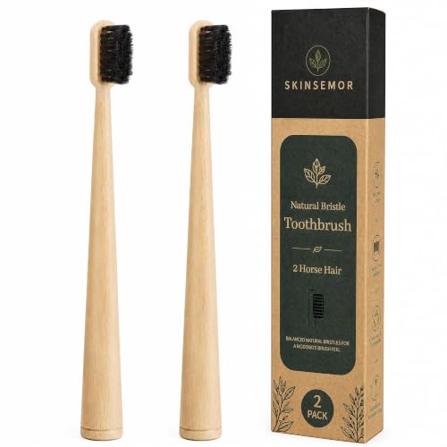 Natural Boar Bristle Bamboo Toothbrush for Adults, Plastic and Nylon Free, 100% Biodegradable, Quick-Dry Design, 2 Pack