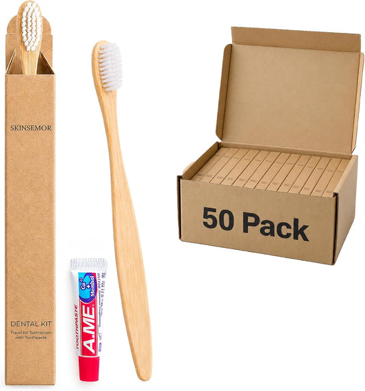 Disposable Travel Toothbrushes with Toothpaste, 50 Individually Wrapped Single Use Bamboo Toothbrush Kits for Trips, Camping, Overnight Stays, Guests and Home Backup