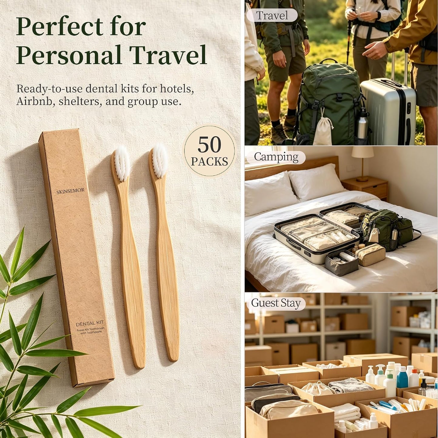 Disposable Travel Toothbrushes with Toothpaste, 50 Individually Wrapped Single Use Bamboo Toothbrush Kits for Trips, Camping, Overnight Stays, Guests and Home Backup