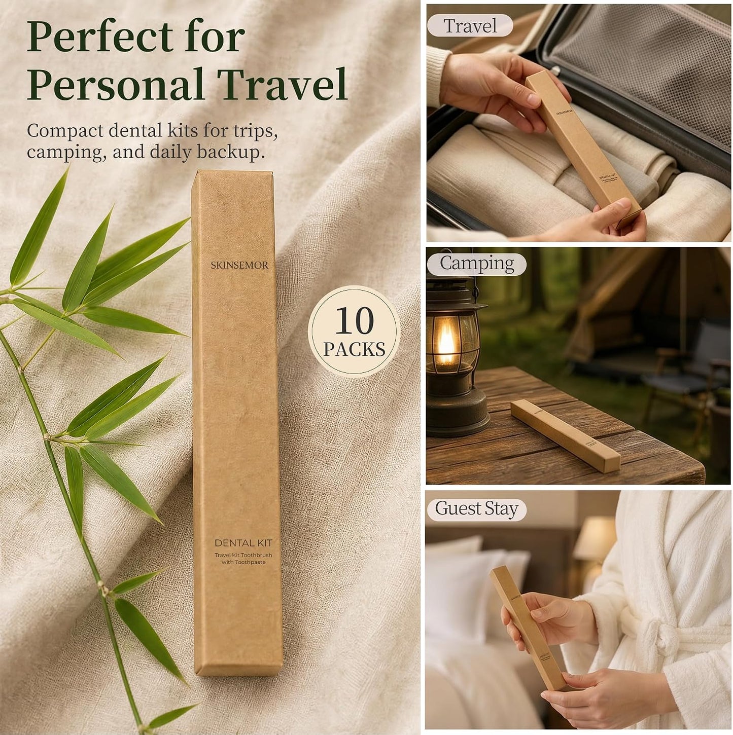 Disposable Travel Toothbrushes with Toothpaste, 10 Individually Wrapped Single Use Bamboo Toothbrush Kits for Trips, Camping, Overnight Stays, Guests and Home Backup