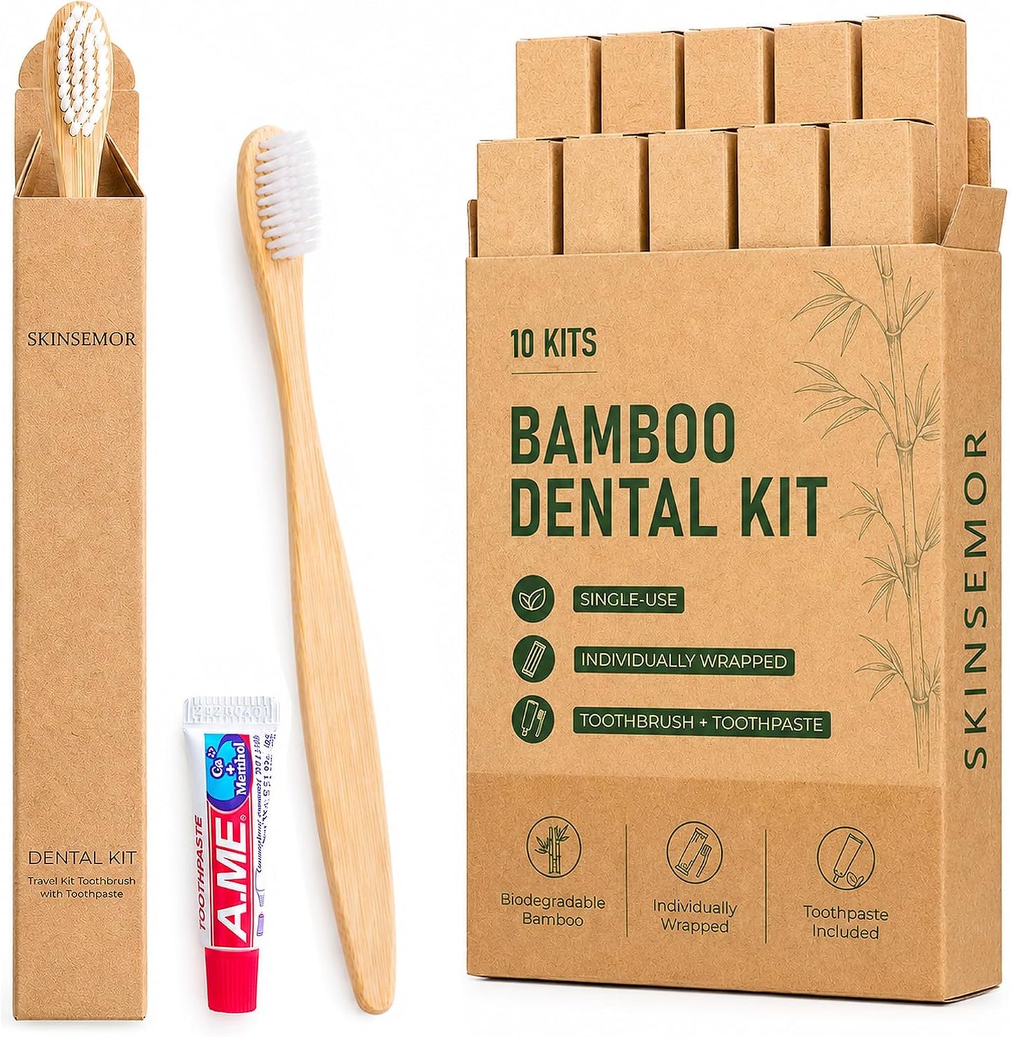 Disposable Travel Toothbrushes with Toothpaste, 10 Individually Wrapped Single Use Bamboo Toothbrush Kits for Trips, Camping, Overnight Stays, Guests and Home Backup
