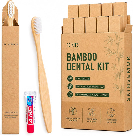 Disposable Travel Toothbrushes with Toothpaste, 10 Individually Wrapped Single Use Bamboo Toothbrush Kits for Trips, Camping, Overnight Stays, Guests and Home Backup