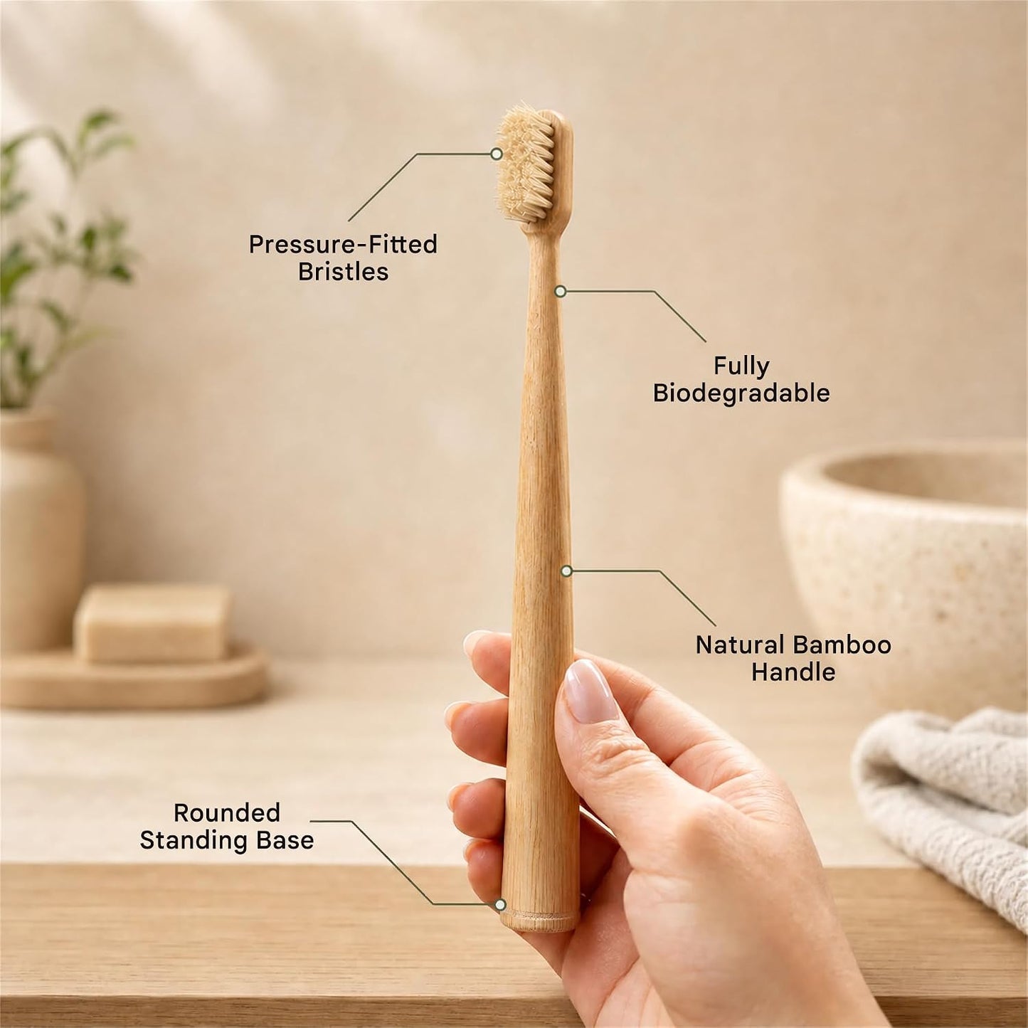 Natural Boar Bristle Bamboo Toothbrush for Adults, Plastic and Nylon Free, 100% Biodegradable, Quick-Dry Design, 2 Pack