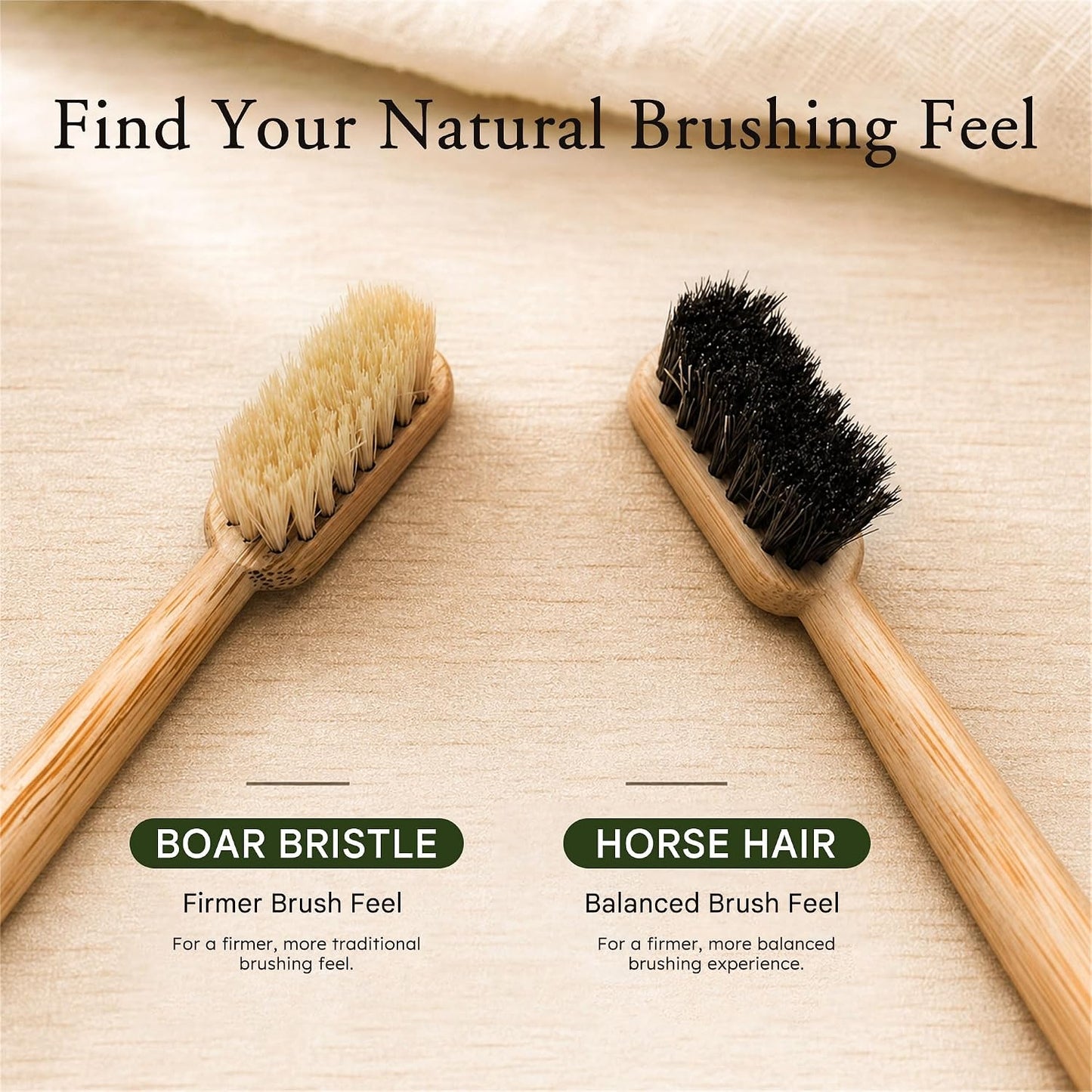 Natural Boar Bristle Bamboo Toothbrush for Adults, Plastic and Nylon Free, 100% Biodegradable, Quick-Dry Design, 2 Pack
