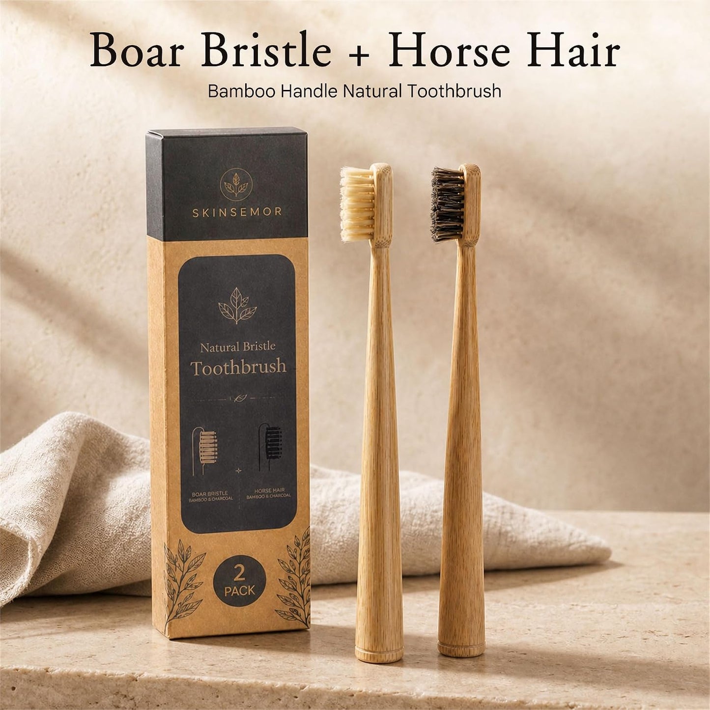 Natural Boar Bristle Bamboo Toothbrush for Adults, Plastic and Nylon Free, 100% Biodegradable, Quick-Dry Design, 2 Pack